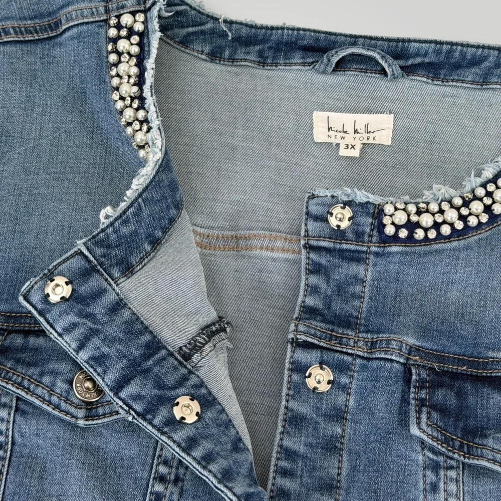 Nicole Miller Denim Jacket Womens‎ 3X Pearl Rhinestone Fringe Trim